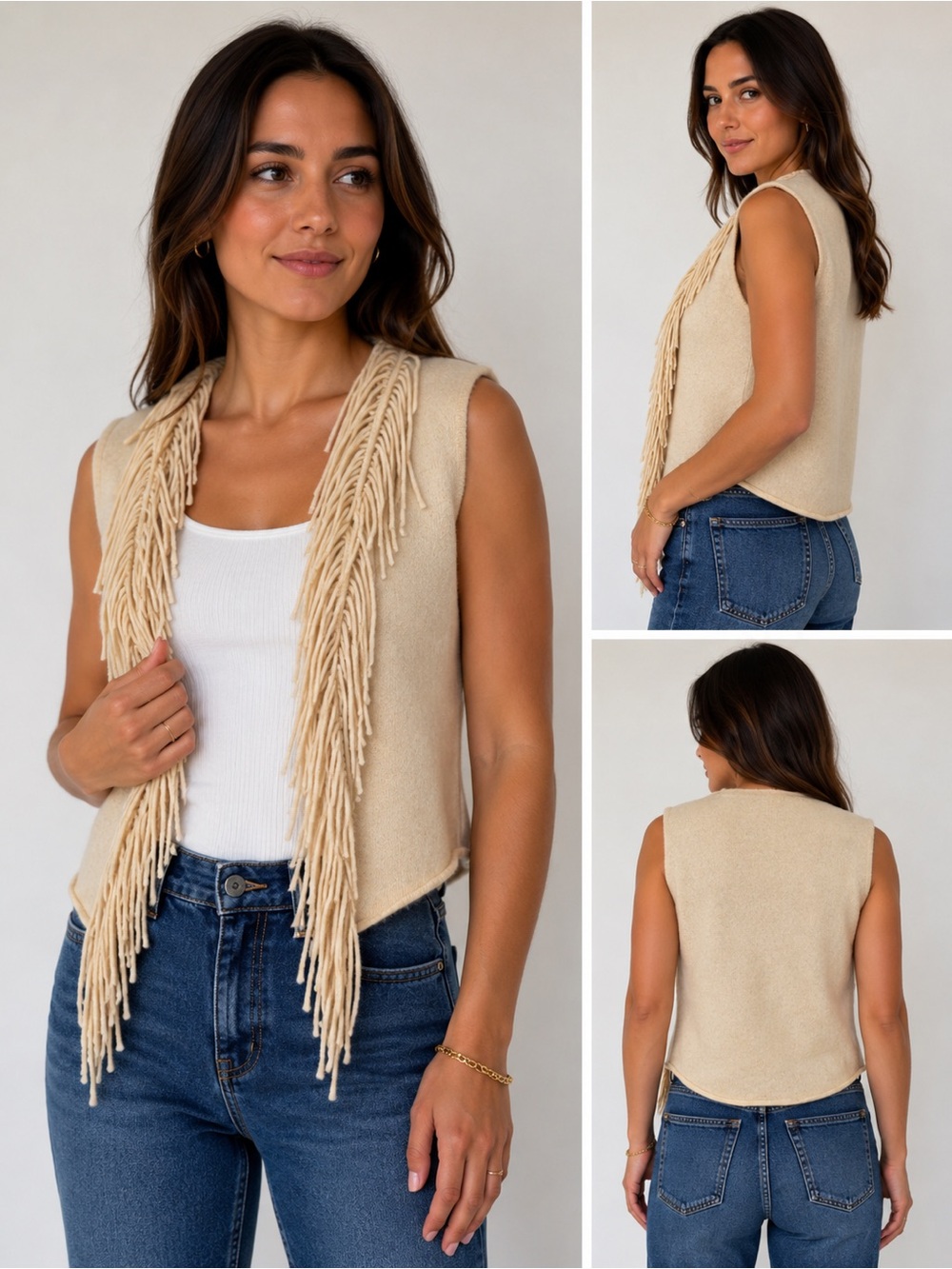 Minnie Rose 100% Cashmere Fringe Vest XS Cream Oatmeal Quiet Luxury Boho - Picture 1 of 10